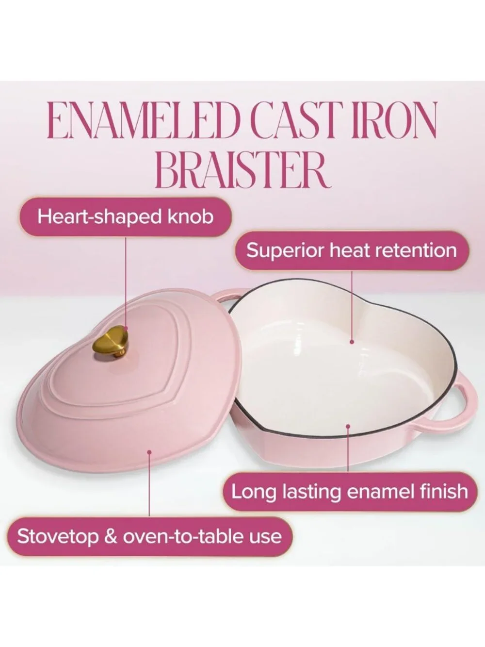 Heart-Shaped Enameled Cast Iron Braiser & Skillet with Lid, 3.5-Quart, Pink